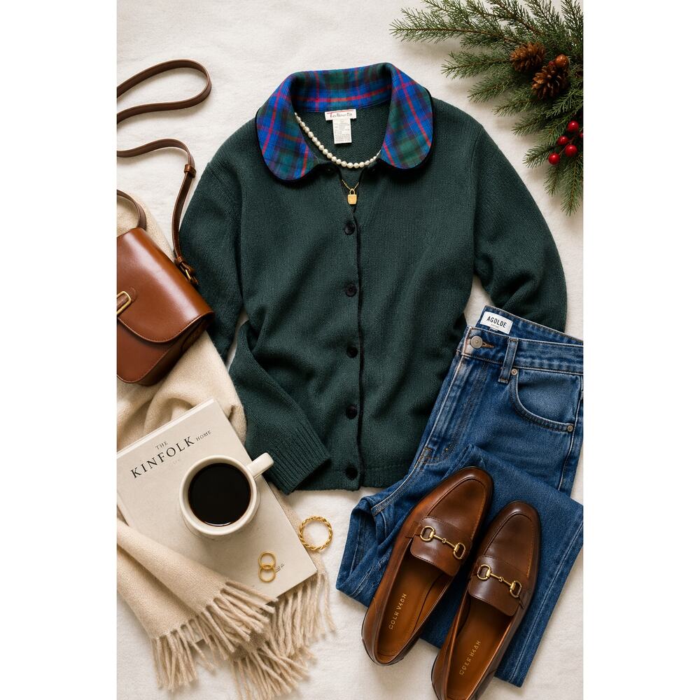 Talbots Vintage Wool Angora Plaid Velvet Collar Cardigan Sweater Green M - Picture 4 of 11